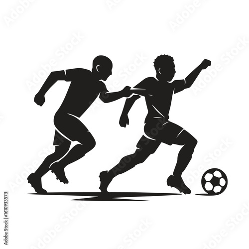 vector silhouette illustration logo of the a defender in a soccer match chases and pulls the shirt of his opponent who is dribbling the ball