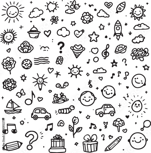 "Playful Doodle Sketch Vector Set – Whimsical Black and White Icons of Objects, Nature, and Expressions"
