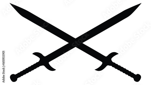 Monochrome illustration of two crossed medieval swords. A black silhouette icon representing conflict, battle, or a classic fantasy emblem on a white background.