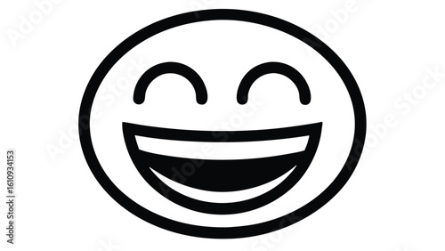 Laughing face emoticon icon in a simple black outline style. Minimalist line art concept of a circular head with a joyful expression, symbolizing happiness, amusement, and positive feelings.