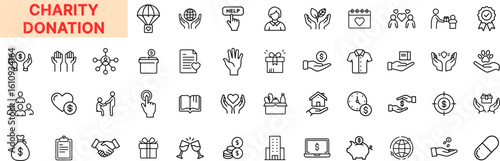 Charity Donation Outline Icon Set Featuring Helping Hand, Heart Symbol, Money Box, Clothing Donation, Gift, Piggy Bank, Online Support, Blood Drop, Calendar, and Volunteer Elements Icon Design