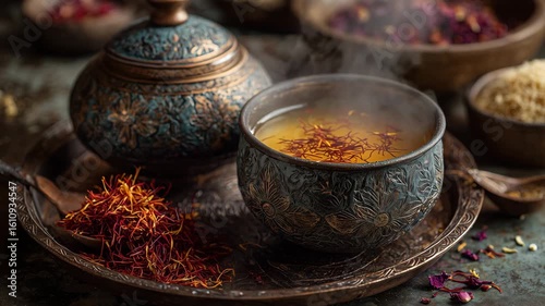 Traditional Kashmiri Kehwa Tea with Saffron in Ornate Cup