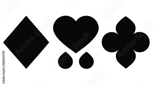 A set of minimalist black graphic icons representing classic playing card suits