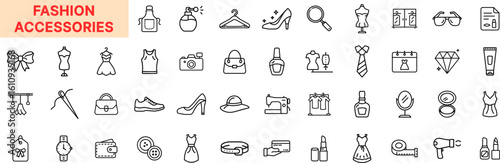 Fashion Accessories Outline Icon Set Featuring Sunglasses, Lipstick, Perfume, High Heels, Handbag, Earrings, Hat, Watch, Dress, Compact Mirror, Nail Polish, and Jewelry Elements Icon Design