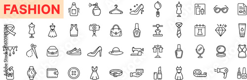 Fashion Outline Icon Set Featuring Dress, Mannequin, High Heels, Lipstick, Hanger, Perfume, Handbag, Hat, Jewelry, Sunglasses, Skincare Tube, and Makeup Mirror Elements Icon Design

