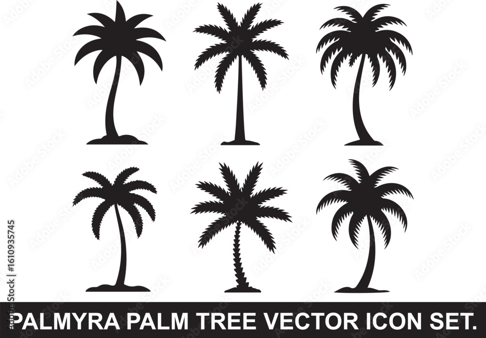 Fototapeta premium Palmyra Palm Tree Silhouette Vector Icon Set – Tropical Palm Collection in Black.