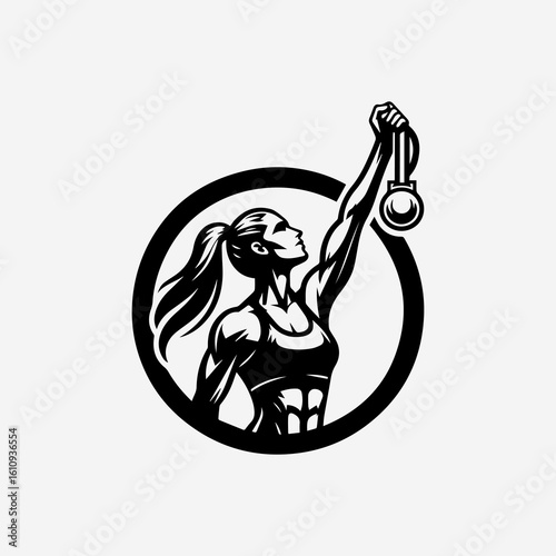 Muscular Woman Champion Silhouette Raising Medallion.