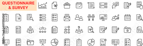 Questionnaire and Survey Outline Icon Set Featuring Checklist, Pie Chart, Clipboard, Form, Rating Stars, Answer Box, User Feedback, Data Report, Poll Graph, and Interview Elements Icon Design