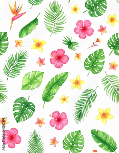 Watercolor Exotic Leaves and Flowers Seamless Background Design