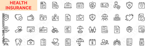 Health Insurance Outline Icon Set Featuring Medical Shield, Heartcare, Insurance Document, Umbrella Protection, Policy Form, Hospital Card, Family Coverage, Wheelchair, and Secure Plan Elements Icon D