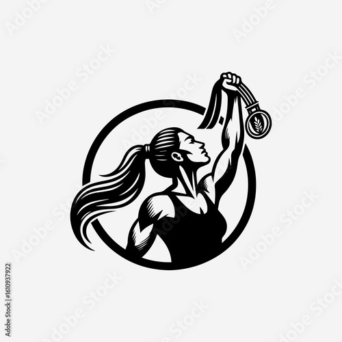 Silhouette of a triumphant athlete holding up a medal in victory.