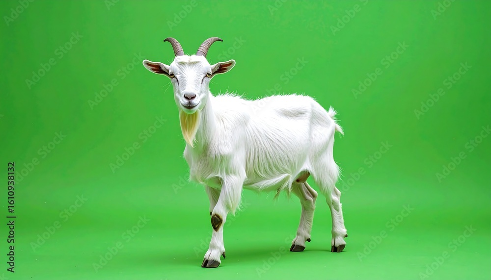 Obraz premium White goat walking forward against a bright green backdrop