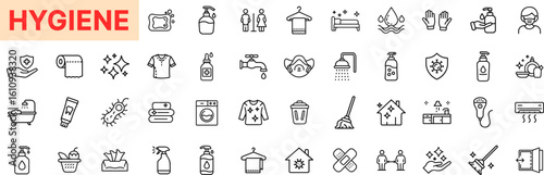 Personal and Home Hygiene Outline Icon Set Featuring Hand Wash, Sanitizer, Soap, Shower, Cleaning Spray, Gloves, Mask, Toilet Paper, Tissues, Laundry, and Disinfection Elements Icon Design