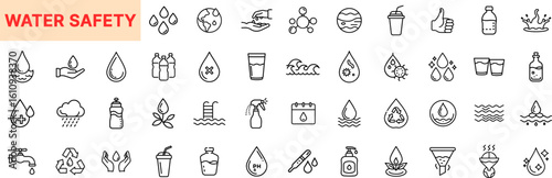 Water Safety and Hygiene Outline Icon Set Featuring Water Drop, Bottle, Hand Wash, Filtration, Clean Glass, Swimming Pool, Rain, Thermometer, Wave, and Purification Elements Icon Design