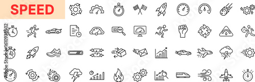 Speed and Performance Outline Icon Set Featuring Stopwatch, Racing Car, Rocket, Speedometer, Jet, Running Man, Download Bar, Acceleration Arrow, and Graph Elements Icon Design