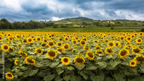 Panorama eines Sonnenblumenfeldes in der Nähe des Eichkogels in Niederösterreich