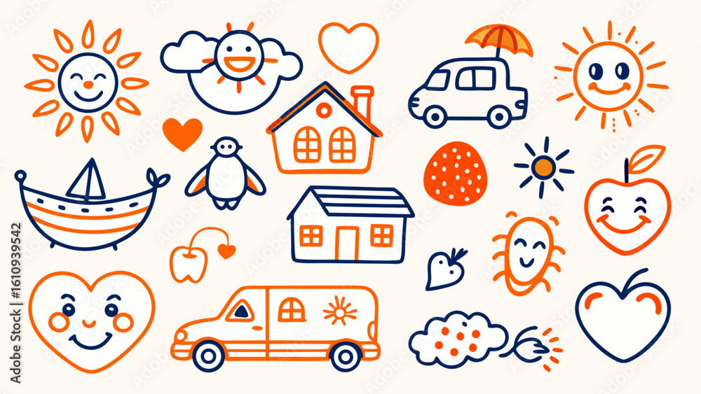 Naklejka premium Happy Childlike Hand-Drawn Icons: Sun, Houses, Vehicles, Fruits, and Hearts; Bright Orange and Navy Blue; Joyful and Playful Mood