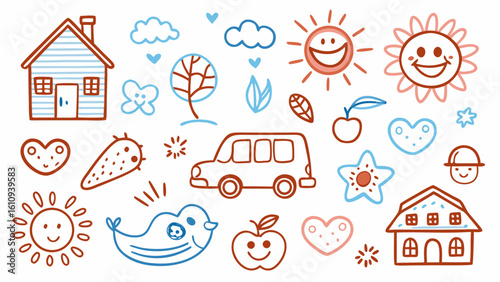 Happy Childlike Hand-Drawn Icons: Houses, Vehicles, Sun, Nature, Hearts; Pastel Blue and Reddish-Brown Tones; Joyful, Whimsical Mood.