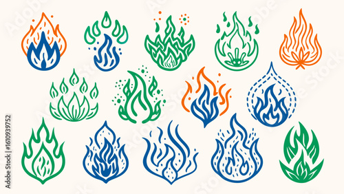 Collection of stylized flame illustrations; vibrant blue, green, and orange; hand-drawn line art; spiritual, energetic mood.