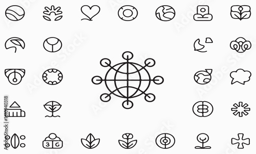 Global network connection symbol with surrounding icons