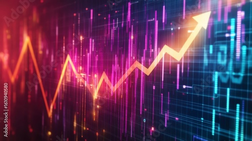 Abstract glowing arrow graph rising on digital background, showing growth, success, and progress.
