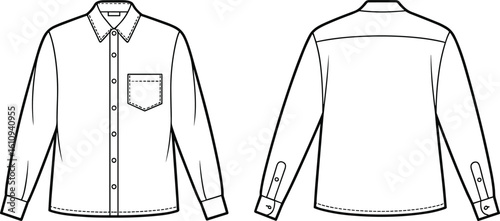 long sleeve shirt, front and back garment view, button closure detail, stitched cuffs and collar, pocket layout design, fashion apparel template CAD drawing flat vector illustration 