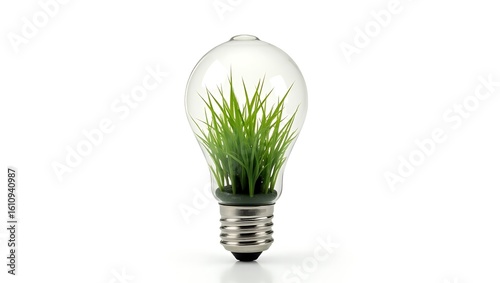 Glass lightbulb filled with growing green plants against white background