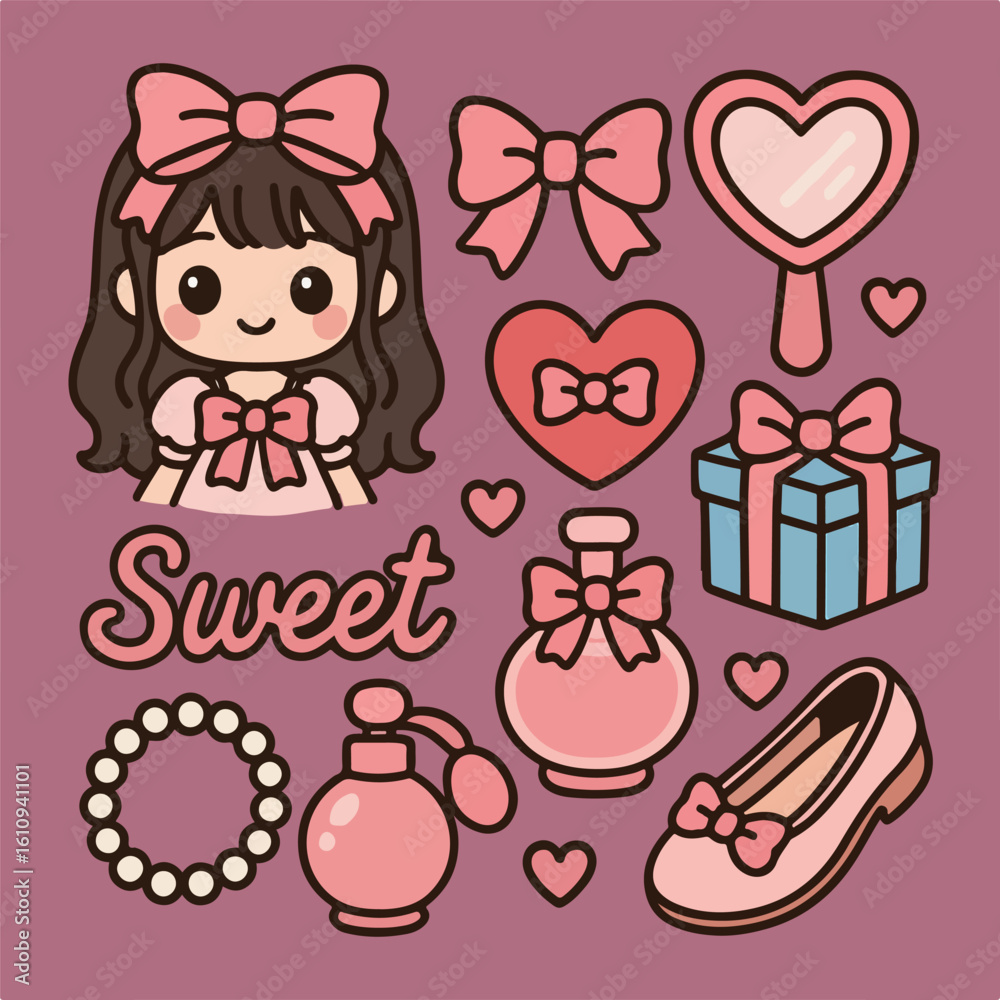 Fototapeta premium Coquette cliparts cute lovely girly style