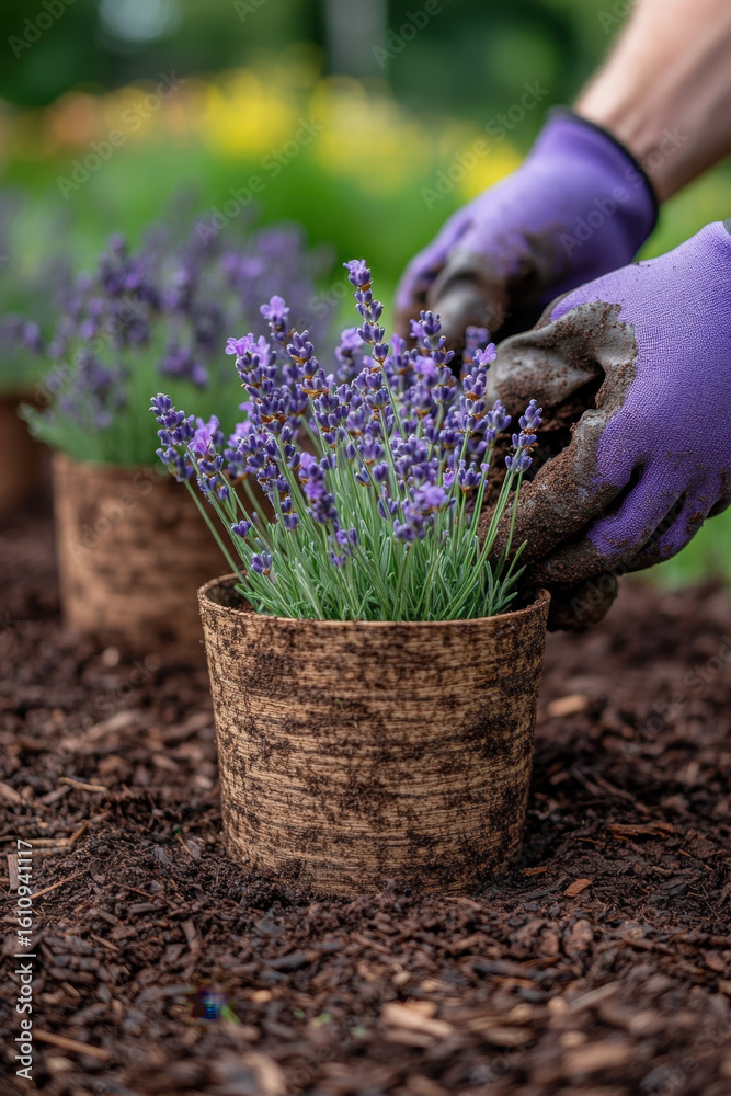 Lavender plants being carefully planted in garden with purple gloves, surrounded by mulch, showcasing serene gardening scene Lavender plants being carefully planted in garden with purple gloves, surrounded by mulch, showcasing serene gardening scene