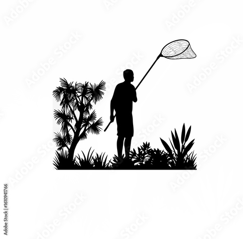 Silhouette of biologist with long net in rainforest on white background