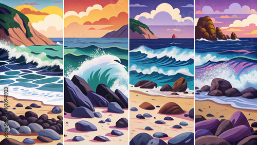 set of rocky beach with sea waves and stones vector illustration banner
