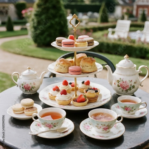 Wallpaper Mural A three-tiered afternoon tea tray filled with tiny macarons, mini fruit tarts and soft scones Torontodigital.ca