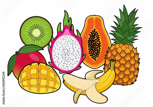 Colorful assortment of tropical fruits, including kiwi, dragon fruit, papaya, pineapple, mango, and banana.