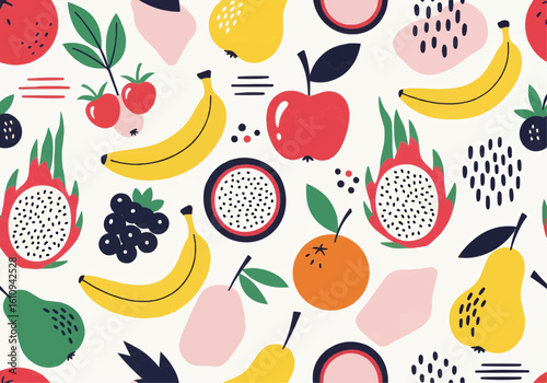 Colorful fruit pattern design with abstract shapes and lines.