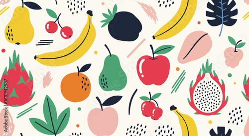Vibrant fruit pattern featuring bananas, apples, pears, cherries, and dragon fruit, illustrated in a playful, modern style.