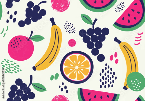 Vibrant fruit pattern featuring bananas, grapes, watermelon, and oranges, styled with abstract shapes.