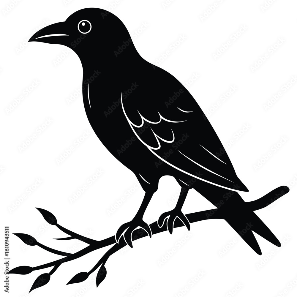 Obraz premium black crow on branch vector icon