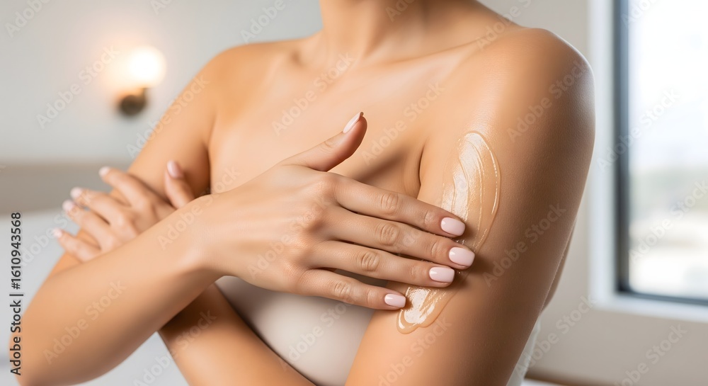 Fototapeta premium Woman applying moisturizing lotion to arm for healthy skin