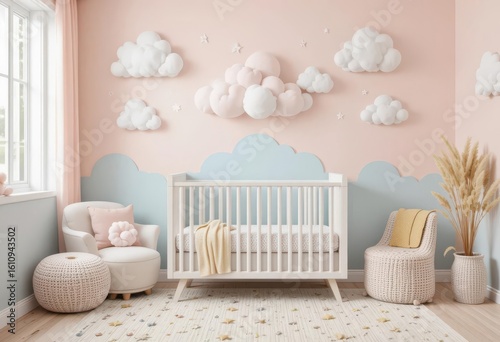  Gentle pastel colors combined with whimsical cloud motifs create a calming and dreamlike atmosphere for a minimalist nursery.