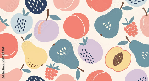 A colorful, repeating pattern of various fruits including apples, pears, peaches, plums, and raspberries on a light background.