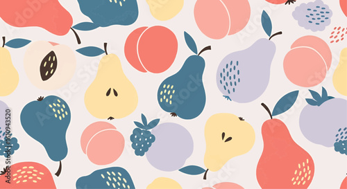 Colorful seamless fruit pattern featuring stylized pears and peaches. An abstract summer fruit background illustration for design.