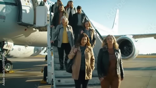 Passengers descending airplane stairs at airport