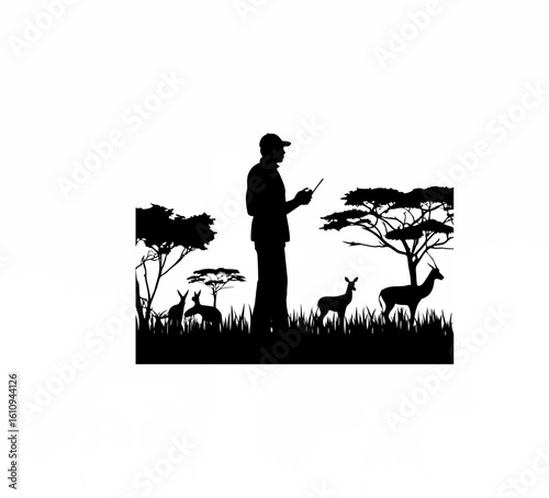 Silhouette of conservationist radio-tracking animals in savannah on white background