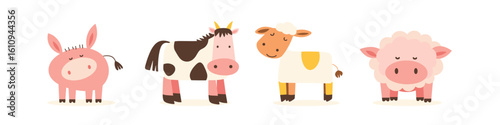 Cute cartoon cow set with farm animals like sheep, pig, and happy lamb. Funny vector illustrations of pink piglet and dairy characters for kids. Kawaii mascot designs for stickers or farmyard art.