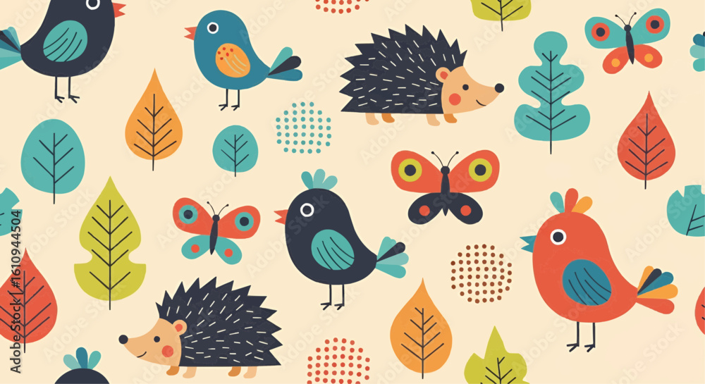 Obraz premium Cheerful woodland creatures and leaves repeat in a playful pattern.