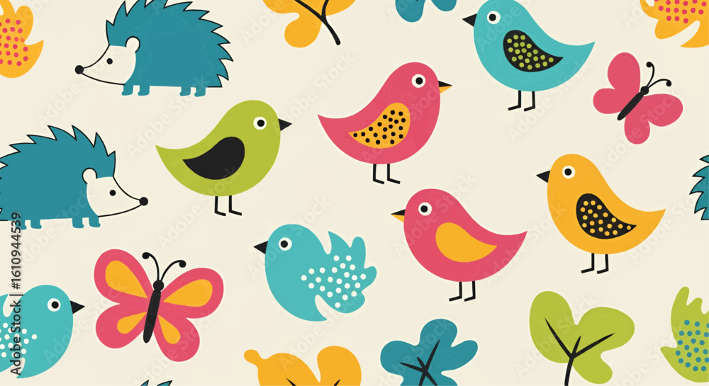 Fototapeta premium Colorful seamless pattern featuring stylized birds, hedgehogs, butterflies, and leaves on a light background.
