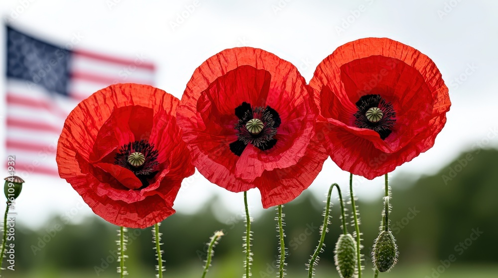 Fototapeta premium Three vibrant red poppy flowers stand proudly in a field, their delicate petals illuminated by sunlight with the American flag waving softly in the background.