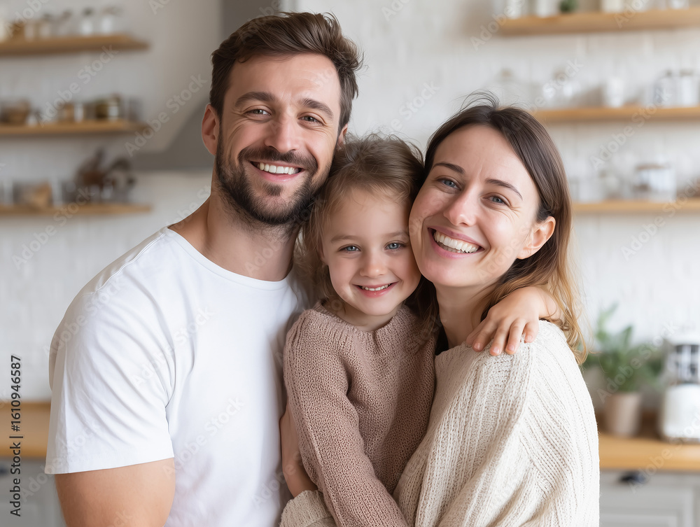 Fototapeta premium Smiling family poses together in modern kitchen during bright afternoon at home