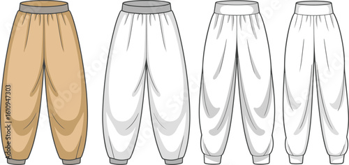 CAD drawing flat vector illustration of men’s harem pants in multiple views, technical fashion sketch for loose fit loungewear, comfortable unisex apparel design template