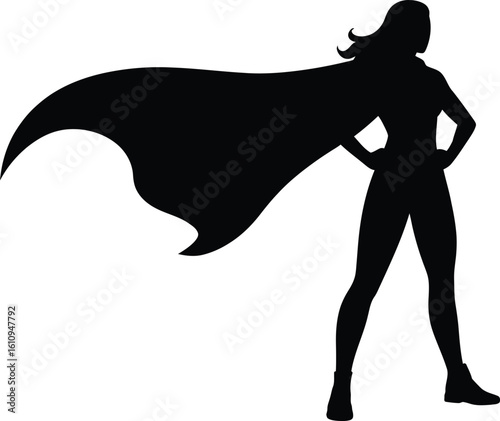 Powerful female silhouette with flowing cape superhero